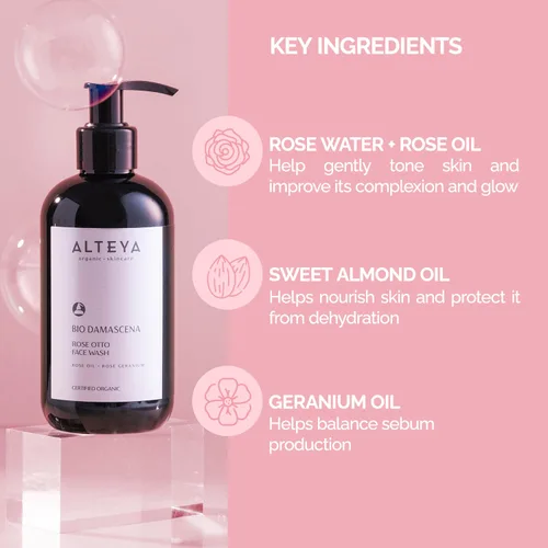 Vista 3 de Alteya Organics Lavado facial orgánico certificado USDA Cuidado de la piel 8.5 fl oz/8.5 fl oz Bio Damascena galardonado limpiador facial con aceite