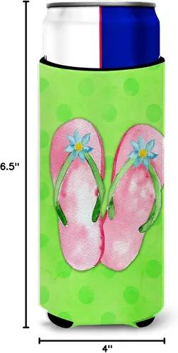Vista 7 de Caroline's Treasures BB8220MUK - Chanclas color rosa con lunares verdes, ultra Hugger para latas delgadas, funda enfriadora de latas verdes, lavable