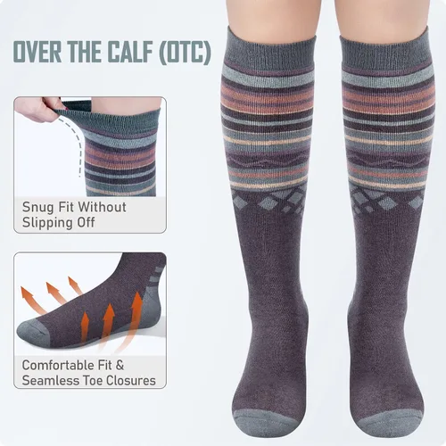 Vista 4 de 2 paquetes de calcetines de esquí de lana de merino sobre la pantorrilla OTC antideslizantes para hombres y mujeres