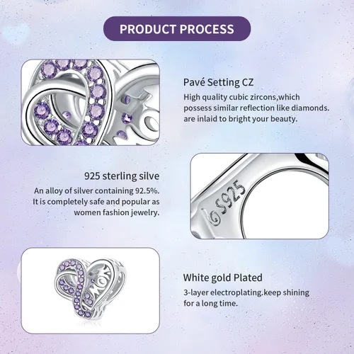 Vista 5 de VOROCO Sterling Silver Mom Charm Birthstone for Bracelets and Necklacesfront and back Consistent Infinity charms Heart for Mothers Birthday
