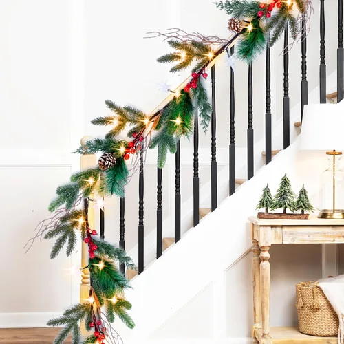 Vista 8 de Guirnalda de Navidad de 6.5 pies con luces de estrella, decoraciones de Navidad preiluminadas, guirnalda iluminada con batería, vegetación más densa