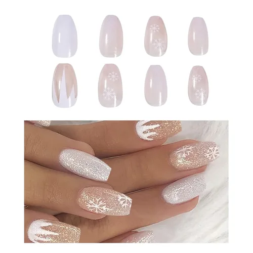 Vista 9 de Año Nuevo Navidad Prensa en Uñas Largas Ataúd Acrílico Uñas Falsas Kit Navidad Copo de Nieve Decoración de Uñas Falsas Bailarina Uñas Falsas Puntas