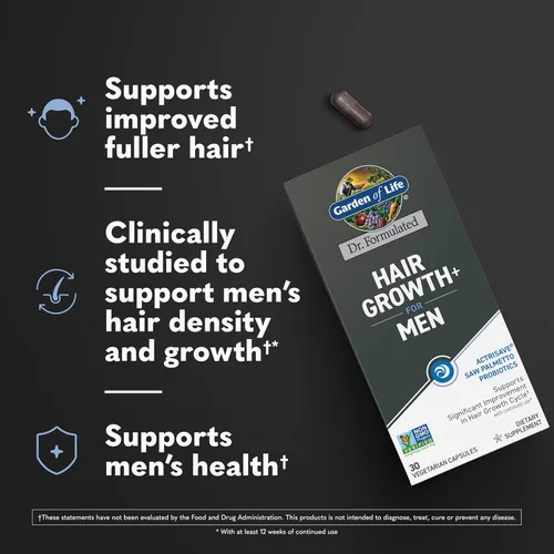 Vista 2 de Garden of Life Dr. Formulated - Cápsulas para el crecimiento del cabello para hombres – Saw Palmetto, arroz negro y tuna – Suplemento