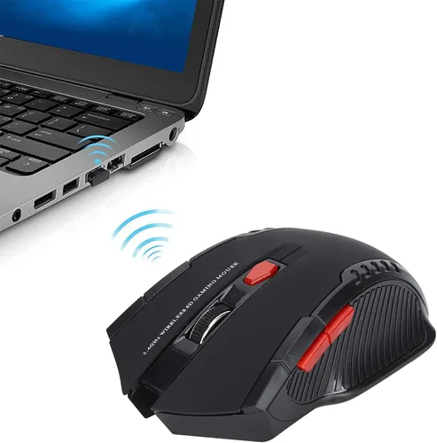 Vista 3 de Pomya Ratón de juego inalámbrico, mouse ergonómico para computadora, mouse óptico para computadora portátil, 2.4 GHz, 6 teclas, DPI ajustable, negro