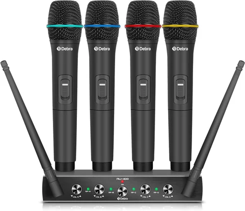 Vista 11 de Debra Audio Pro UHF Sistema de micrófono inalámbrico de 4 canales con micrófonos de mano, lavalier y diadema inalámbricos, receptor de metal, ideal