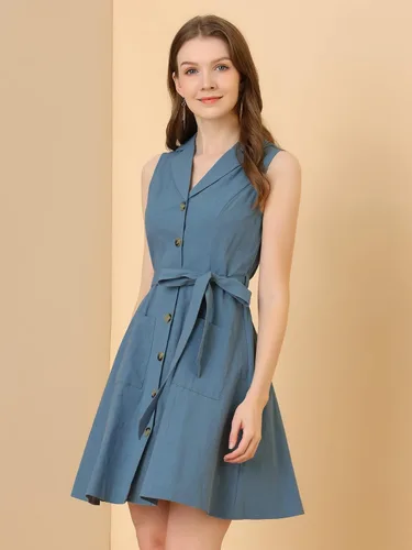 Vista 4 de Allegra K Vestido camisero con botones y solapa con muescas para mujer
