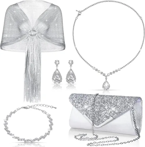 Vista 8 de Tiamon Juego de 5 piezas de joyas de diamantes de imitación, chales y envolturas formales para mujeres, vestidos de noche, bodas nupciales