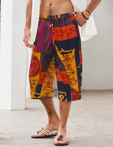 Vista 3 de COOFANDY Pantalones capri de lino para hombre, pantalones casuales con cordón, pantalones holgados de harén, pantalones capri de playa de pierna