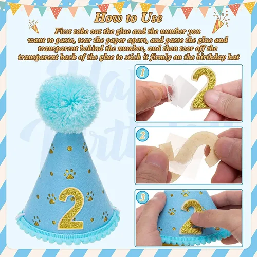 Vista 6 de Mihachi Suministros para fiestas de cumpleaños para perros, bandana y sombrero con número, bufanda triangular para regalo de decoración, perros
