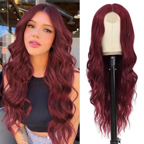 Vista 14 de NAYOO Peluca larga ondulada rubia ombré para mujer, de 26 pulgadas, parte media, rizada, ondulada, de aspecto natural, fibra sintética resistente al