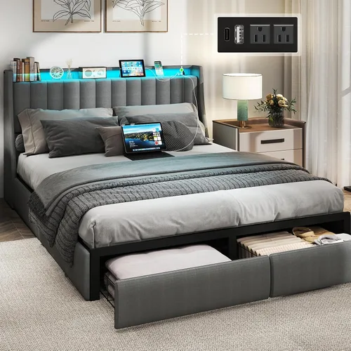 Vista 17 de SADENICEL Full Size Bed Frame with 4 Storage Drawer, Full Bed Frame, Grey
