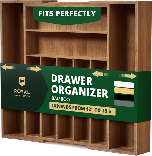Vista 20 de ROYAL CRAFT WOOD Organizador de cajones de cocina de bambú de lujo, organizador de cubiertos, soporte para utensilios y bandeja de cubiertos