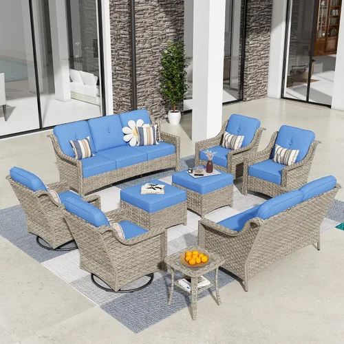 Vista 74 de HOOOWOOO Sofá de patio de 3 plazas de mimbre para exteriores, resistente a todo tipo de clima, con respaldo alto, muebles a juego (beige y bronceado)