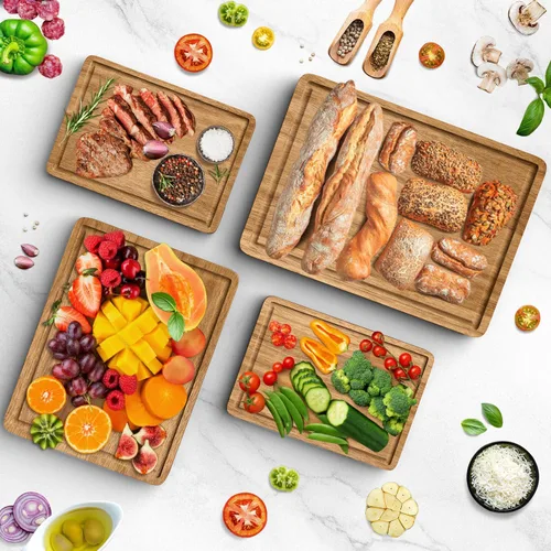 Vista 2 de Juego de 4 tablas de cortar de madera de acacia para cocina, tabla de cortar grande de madera con ranura para jugo, tabla de charcutería, tabla