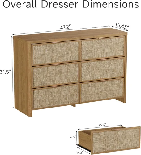 Vista 2 de Cómoda de ratán con 6 cajones para dormitorio, cómoda de 47.2 Roble natural