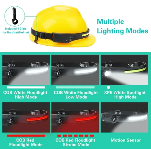 Vista 3 de SEVENKA 3 faros recargables con luz roja, linterna LED con funda de transporte, 1000 lúmenes, haz ancho de 230° y luz puntual, modo sensor, lámpara
