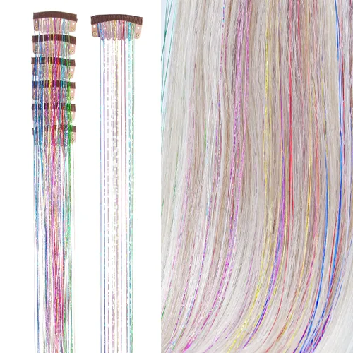 Vista 10 de Extensiones de oropel para el cabello con clip Bronce con reflejos para el cabello 52 cm 6 piezas, cabello de hada multicolor, oropel sintético