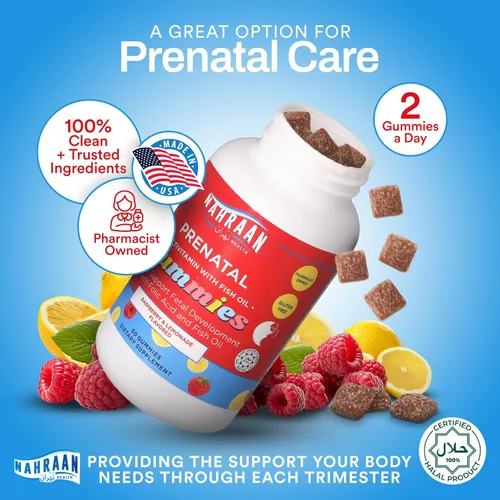 Vista 5 de Gomitas prenatales halal para mujeres, vitaminas prenatales de gomitas halal con DHA y ácido fólico para antes, durantes/después del embarazo, 60