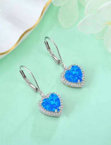 Vista 5 de Aretes colgantes de plata de ley 925, aretes solitarios con cierre de palanca con forma de lágrima de ópalo creado, regalos para mujer