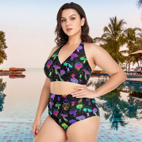 Vista 3 de Bikini de 2 piezas para mujer, talla grande, cintura alta, cuello halter, fruncido, control de abdomen