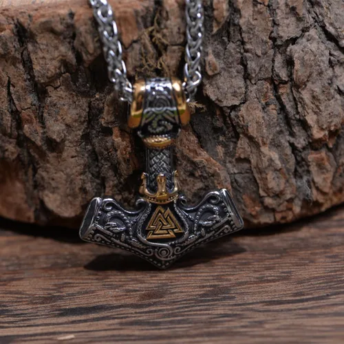 Vista 3 de LANGHONG Collar de martillo de Thor vikingo nórdico Mjolnir para hombre, joyería de talismán