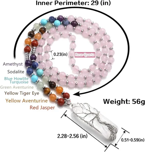Vista 6 de Jovivi Collar con cristales curativos de 7 chakras naturales envueltos en alambre de cuarzo transparente colgante de árbol de la vida curativo