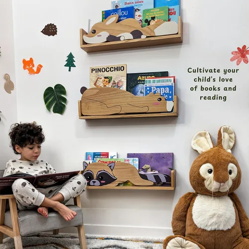 Vista 3 de 3 estantes flotantes, estante de pared para habitaciones de niños, estanterías de guardería de bosque, zorro de oso y mapache de 24 pulgadas