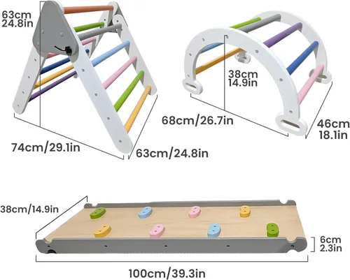Vista 4 de Pikler - Juego de escalada triangular para niños pequeños 7 en 1, juego de escalador de interior de arco iris, plegable, juguete de escalada