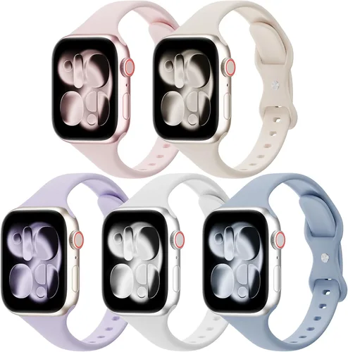 Vista 19 de Paquete de 5 bandas de silicona delgadas compatibles con Apple Watch de 38mm 42mm 40mm 44mm 41mm 45mm 46mm 49mm, correa deportiva estrecha y delgada