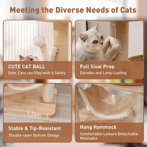 Vista 5 de Árbol para Gatos de Madera de 55" para Gatos de Interior Grandes Adultos, Torre Alta para Gatos con Poste Rascador y Hamaca Acogedora para Gatos