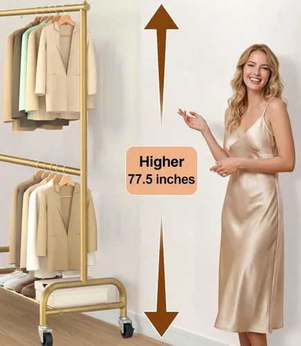 Vista 3 de MISSLO Perchero resistente para ropa con ruedas, para colgar ropa, para abrigo, vestuario, dorado (doble barra)