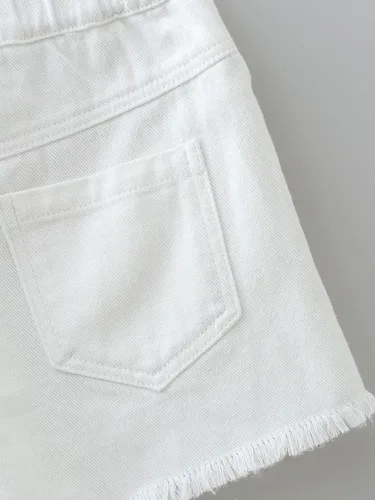Vista 6 de OYOANGLE Pantalones cortos de mezclilla de pierna recta con dobladillo rasgado y bolsillo para niña