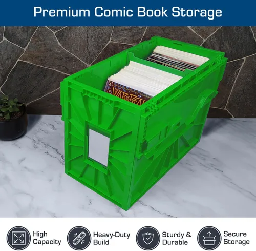 Vista 5 de BCW Recipiente corto para cómics Capacidad para 150 cómics Almacenamiento de plástico apilable Organizador sin ácido Verde, individual