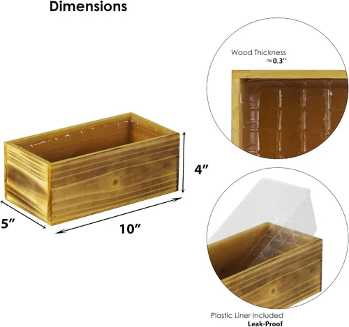 Vista 2 de CYS EXCEL Jardinera Rectangular Pequeña de Madera Marrón Claro Natural con Forro de Plástico Extraíble (H:4" Apertura:10"x5") Caja Decorativa