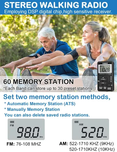 Vista 4 de ZHIWHIS Radio portátil, receptor AM FM con temporizador de sueño, radios estéreo recargables con reloj digital, sintonizador DSP con función