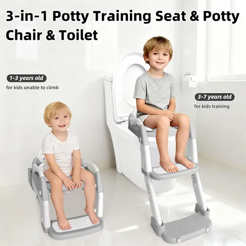 Vista 2 de Asiento de entrenamiento para ir al baño, asiento de inodoro mejorado para niños y niñas, inodoro de entrenamiento 3 en 1 con taburete escalonado