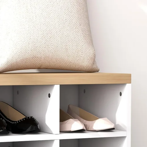 Vista 9 de HOMCOM Juego de banco de zapatos 2 en 1, árbol de pasillo de 5 ganchos con banco y almacenamiento de zapatos para 9 pares de zapatos para entrada