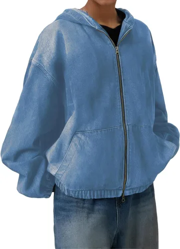 Vista 2 de Sudadera con capucha de mezclilla con cremallera para mujer, abrigos con bolsillos