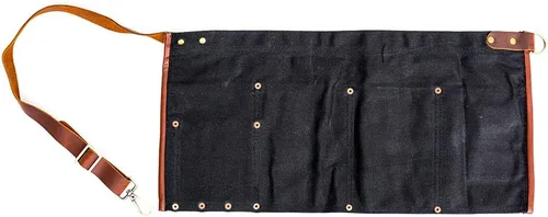 Vista 6 de Delantal de herramienta de lona encerada impermeable con cinturón ajustable de cuero genuino (Negro)