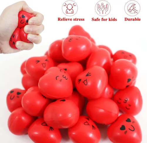 Vista 6 de 30 bolas antiestrés de corazón, mini bolas de cara sonriente de 1.5 pulgadas, juguetes de alivio del estrés en forma de corazón para niños