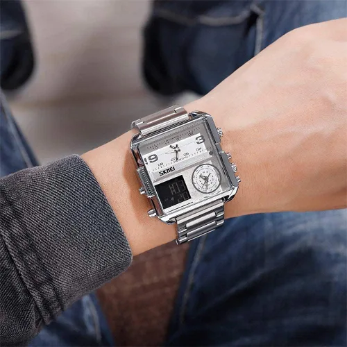 Vista 4 de SKMEI Relojes para hombre, relojes de pulsera cuadrados para hombre, retroiluminación LED, pantalla grande, zona multihoraria, reloj para hombre