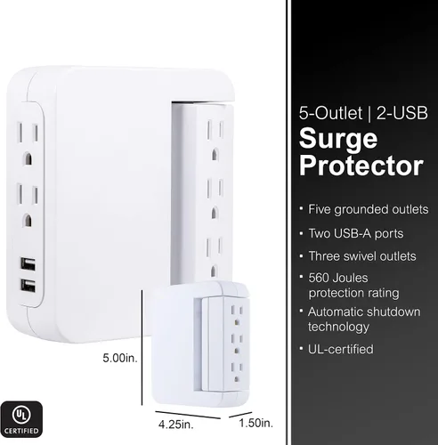 Vista 3 de GE Protector SurGE giratorio Pro de acceso lateral, extensor de 5 salidas con 2 puertos USB, adaptador de grifo de pared, estación de carga, 3