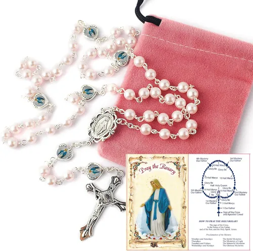 Vista 2 de HanlinCC Cuentas de perlas de vidrio con corazón epoxi milagroso collar de rosario en bolsa de regalo de terciopelo con tarjeta de oración