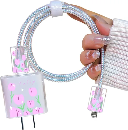 Vista 12 de Lindo protector de cable para cargador adaptador de iPhone, diseño de flores de crisantemo rojo, cable de datos de TPU suave, funda USB-C