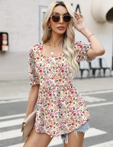 Vista 5 de Widmile Blusa de manga abombada para mujer, estilo casual, cuello cuadrado, con estampado floral, con encaje