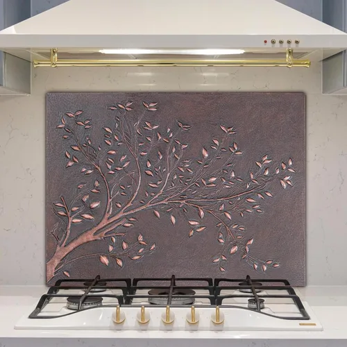 Vista 13 de Azulejos de salpicadura de cocina de cobre hechos a mano, ramas de árbol con hojas para salpicadura de cocina, panel decorativo de salpicadura