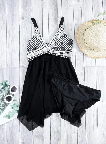 Vista 7 de Aleumdr Traje de baño retro con estampado de lunares para mujer, tankini de dos piezas con parte inferior de bikini