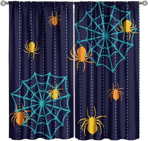Vista 13 de Cortinas opacas de tela de araña aterradora para niños, tela de araña en blanco y negro, fondo rojo, dormitorio de niños, guardería, decoración
