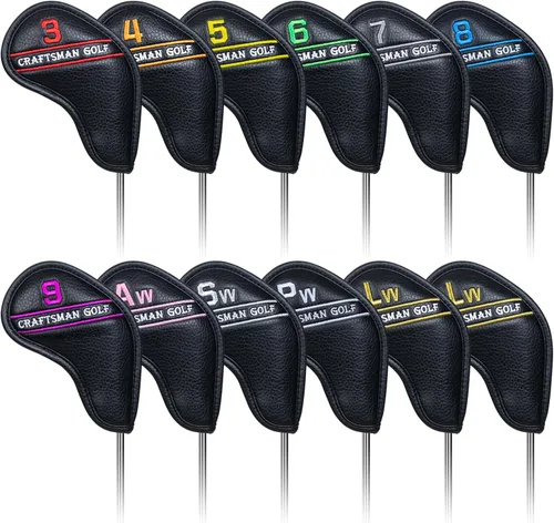 Vista 8 de CRAFTSMAN GOLF 12 piezas o 1 pieza de fundas para cabezas de palos de golf de cuero negro, con número de colores bordado para Callaway, Ping