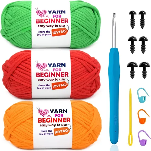 Vista 32 de Hilo de Ganchillo para Principiantes Verde Manzana Hilo de Algodón para Tejer y Tejido - Kit de Ganchillo para Principiantes - 3 * 50g